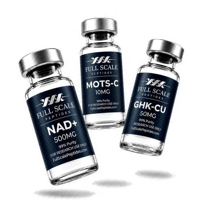 Full Scale Peptides NAD+ 500mg, MOTS-C 10mg, and GHK-Cu 50mg research vials