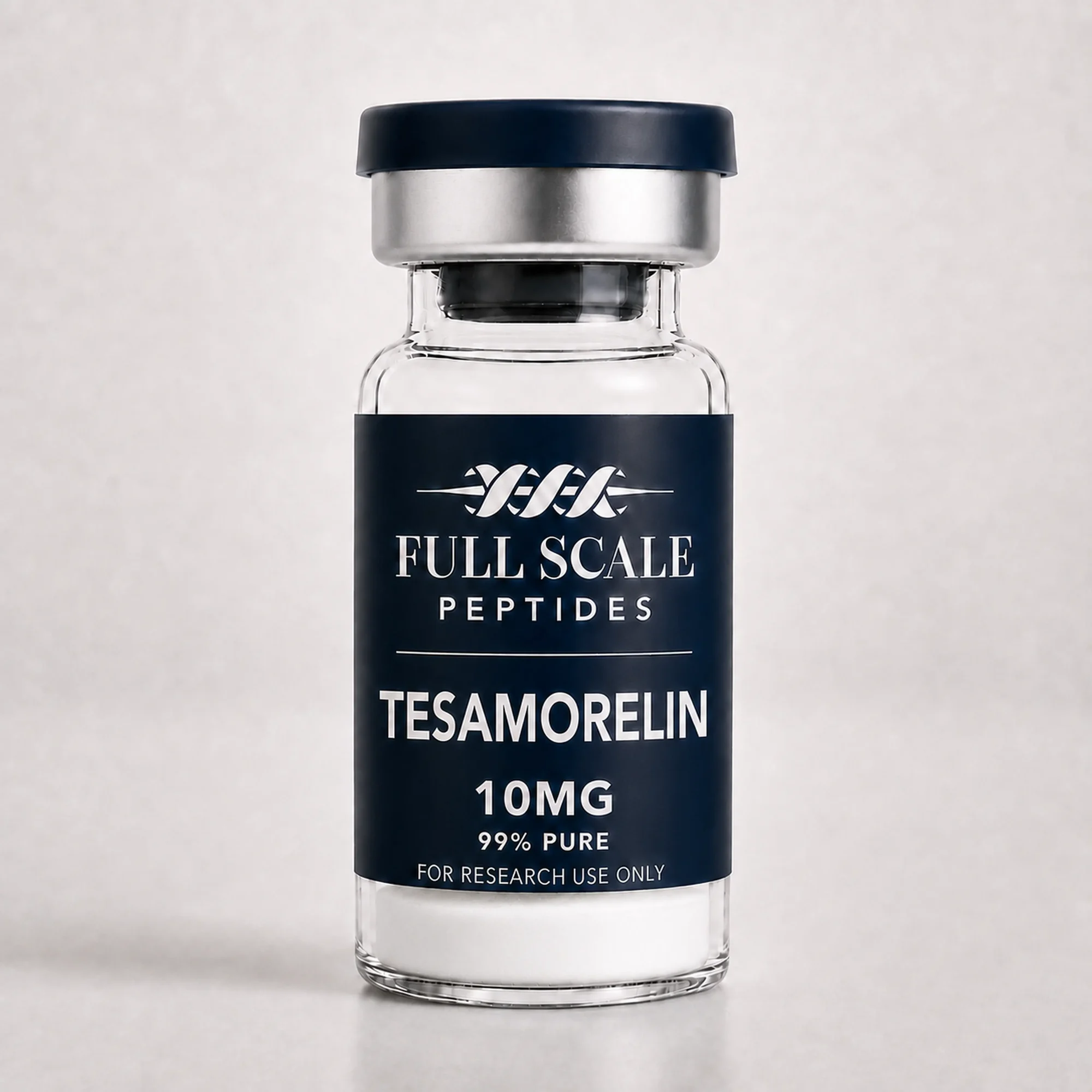 Full Scale Peptides Tesamorelin 10mg GHRH analog research peptide vial, lyophilized powder
