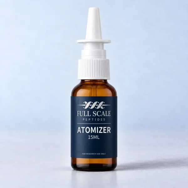 Full Scale Peptides 15ml amber glass atomizer bottle with white pump and navy label