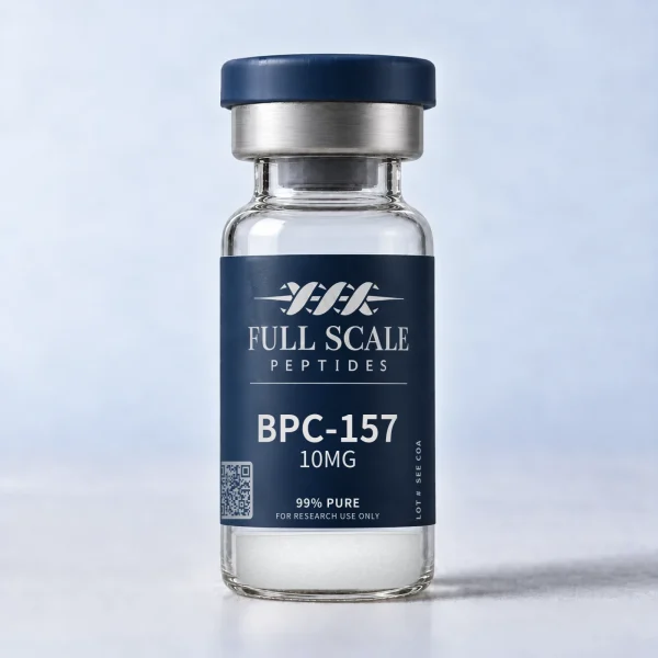 Full Scale Peptides BPC-157 10mg vial, white lyophilized powder, 99% purity, research use only