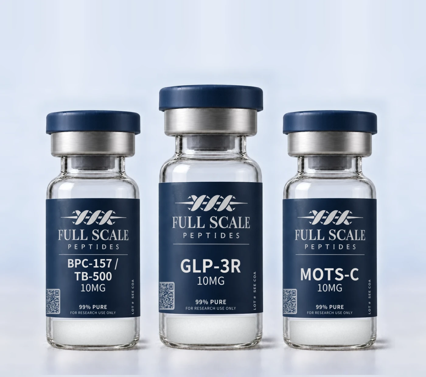 Full Scale Peptides BPC-157 / TB-500 10mg, GLP-3R 10mg and MOTS-c 10mg research peptide vials