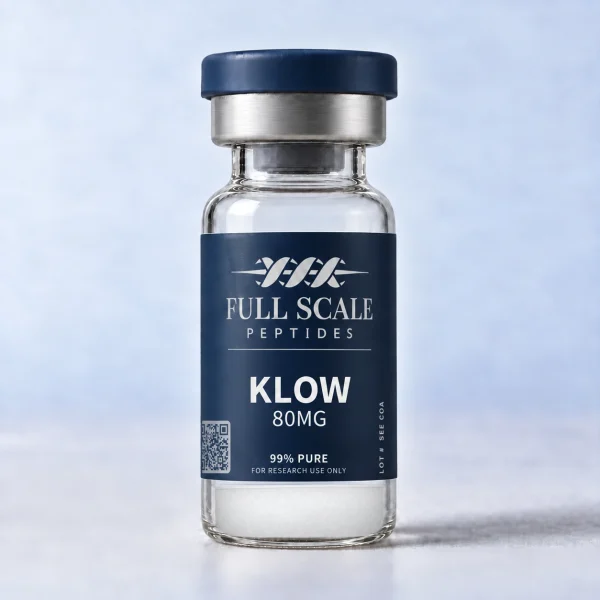 Full Scale Peptides KLOW 80 mg vial with navy label and cap on a light background.