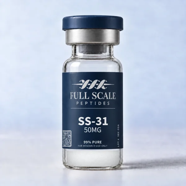 Full Scale Peptides SS-31 50 mg vial with navy label and cap on a light background.