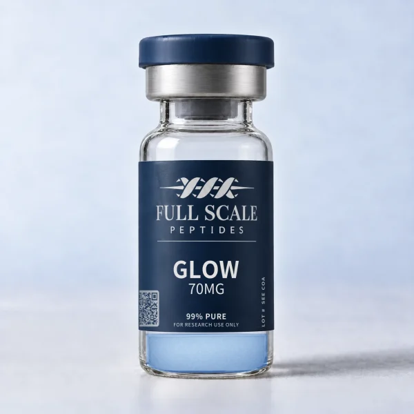 Full Scale Peptides GLOW 70mg peptide blend vial, light blue lyophilized powder, research use only