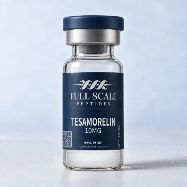 Full Scale Peptides Tesamorelin 10mg vial, white lyophilized powder, 99% purity, research use only